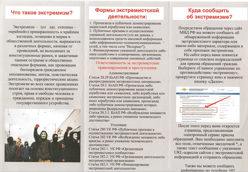 ПАМЯТКИ: &amp;quot;Экстремизм - угроза обществу&amp;quot;, &amp;quot;Безопасность детей в сети интернет&amp;quot;.